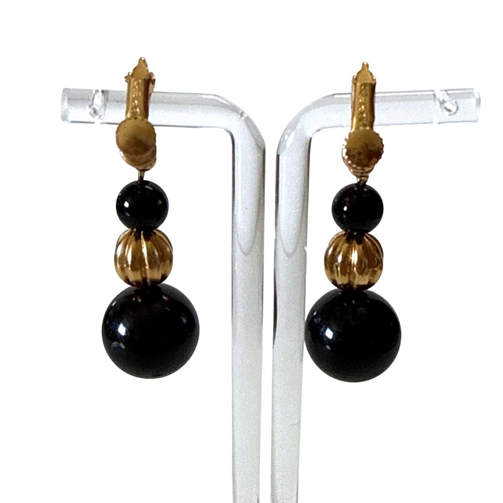 Vintage Napier Black Gold Graduated Bead Clip On Drop Earrings Screw Back Dangle